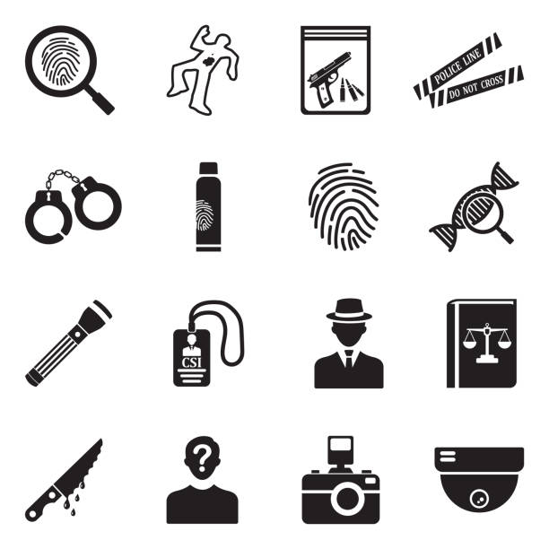 Crime Investigation Icons. Black Flat Design. Vector Illustration. Law, Police, Crime police interview stock illustrations