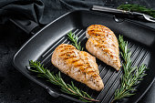 Grilled healthy chicken breasts cooked on a grill pan. Black background. Top view