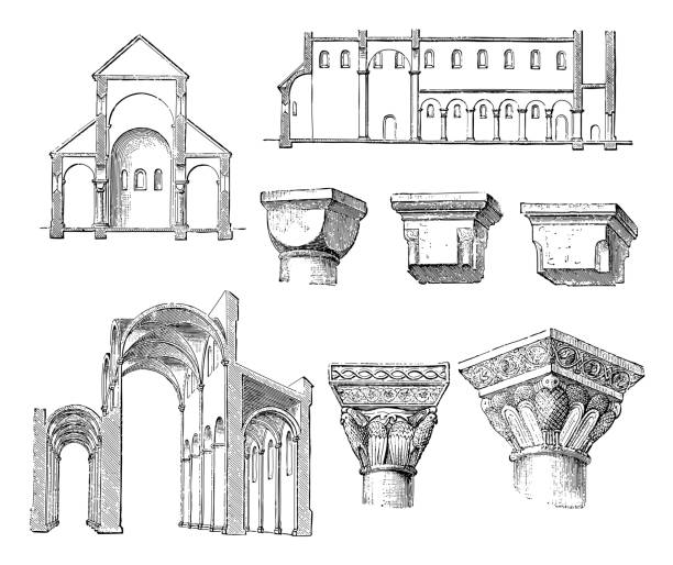 kolekcja elementów w stylu budowlanym architektury romańskiej - grawerowana ilustracja vintage - romanesque stock illustrations