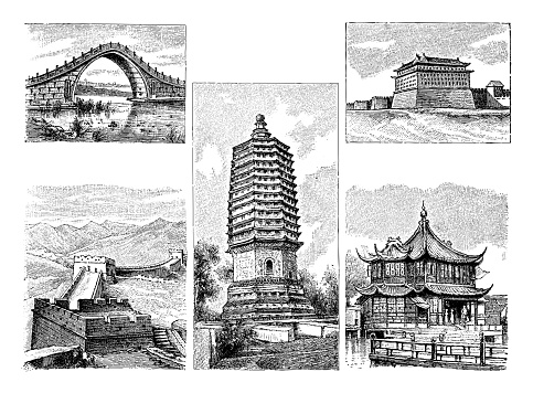 Vintage engraved illustration isolated on white background - Chinese architecture building style collection