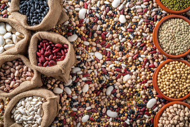 istock Assorted legumes in burlap sacks with varied mix in background 1382353601