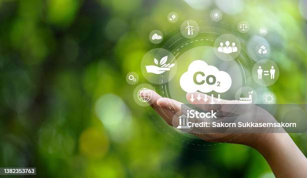 Co2 Emission Reduction Concept In Hand With Environmental Icons Global Warming Sustainable Development Connectivity And Renewable Energy Green Business Background Stock Photo - Download Image Now