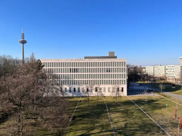 A view of the Westend campus of Goethe University in Frankfurt am Main, Germany, in a sunny day. Frankfurt’s television tower can be seen in the background.