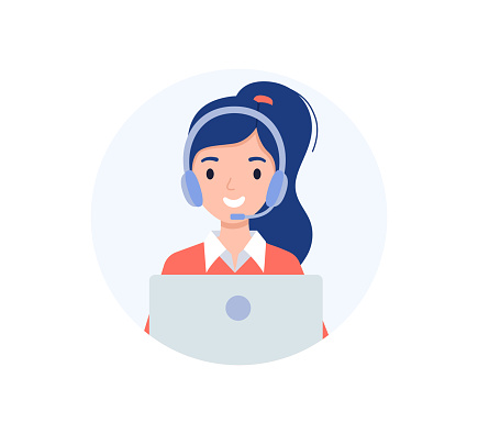 Avatar of the call center operator. Girl with headphones and a laptop. Technical support for customers 24-7, telephone hotline for business. Vector illustration in flat style.