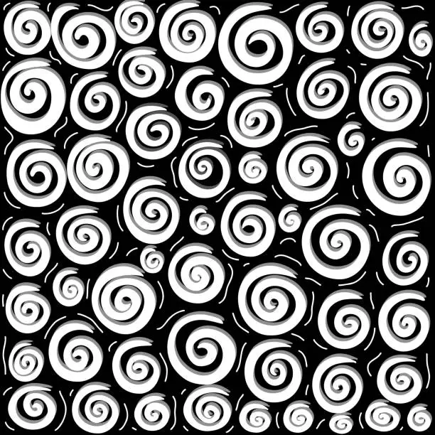 Vector illustration of Geometric seamless pattern of white spirals on black background