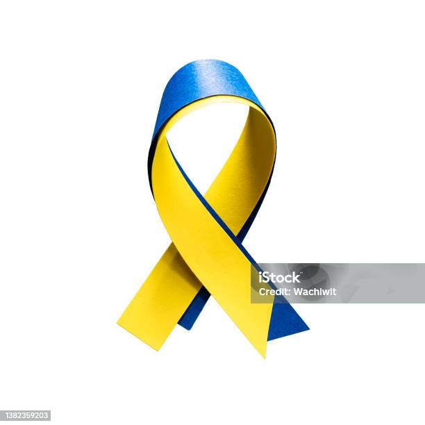 Blue And Yellow Ribbon For Ukraine On White Background Stock Photo - Download Image Now
