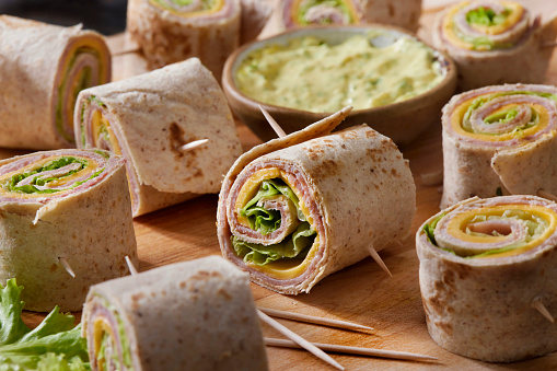 Ham, Lettuce and Cheese Tortilla Rolls with a Mustard and Mayo Dip