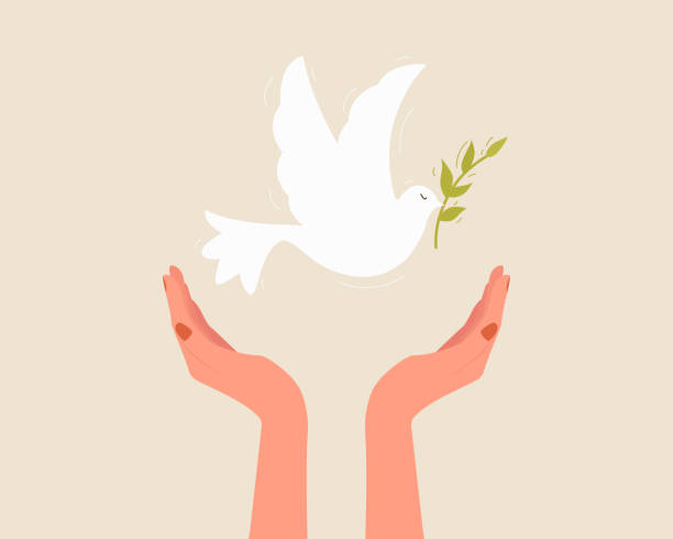 Woman hand with dove of peace holding an olive branch. International Day of peace. Vetor illustration cartoon flat style. vector art illustration