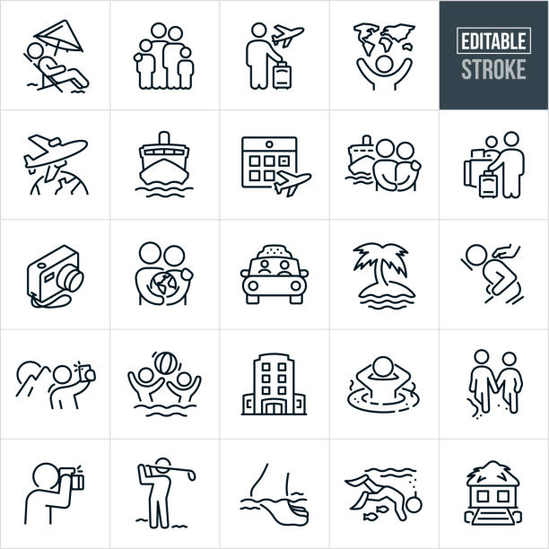 A set of vacation travel icons that include editable strokes or outlines using the EPS vector file. The icons include a sunbather in a beach chair under an umbrella relaxing on the beach, family, traveler holding luggage with airplane in background, tourist with world map, airplane flying over the earth, cruise ship, air travel, calendar vacation date, couple taking cruise, traveler checking in at hotel, digital camera, couple holding the world to represent their desire to travel the world, taxi cab driving passenger, palm tree on beach island, person getting a massage, person taking selfie with mountain vista in background, kids playing in ocean with beach ball, hotel building, person relaxing in spa, couple taking a walk on the beach, tourist taking pictures, person playing golf, foot walking in ocean water, tourist snorkeling, and a beach house to name a few.