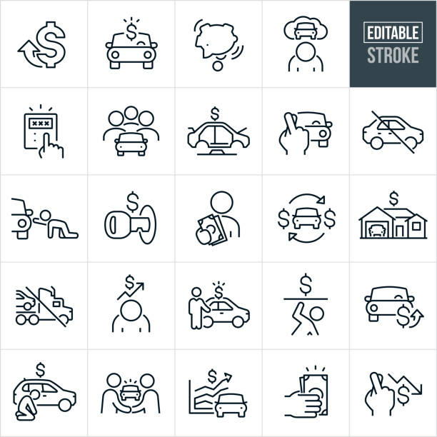 Rising Vehicle Prices Thin Line Icons - Editable Stroke A set rising vehicle prices icons that include editable strokes or outlines using the EPS vector file. The icons include a dollar sign with upwards arrow, car with expensive price tag, piggy bank being emptied of money, person depressed because of the cost of a vehicle, calculator calculating high expense of vehicle, supply and demand for vehicles, expensive auto manufacturing, fingers crossed, car shortage, person in desperation on hands and knees reaching for car, car key with dollar sign, person handing over cash to purchase, vehicle import shortage, rising costs for vehicles, inflated prices for vehicles, person being crushed by costs, rising costs of car ownership, person on knees sad because he can't afford a vehicle, car purchase at a high price, and fingers crossed that prices go down. car finance stock illustrations