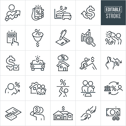 A set of rising interest rates icons that include editable strokes or outlines using the EPS vector file. The icons include a person holding an upwards arrow, hand holding smartphone with percentage interest rate increase on screen, rising costs of vehicles from higher interest rates, dollar sign with upwards arrow, calculator calculating cost of percentage rate increase, percentage sign being funneled down into a dollar sign, loan agreement, rising interest rates, loan approval, home interest rates, person reaching for money, fingers crossed that interest rates do down, depressed person because of high interest rates, couple buying new home, interest rates crushing person, loan application, bank lending interest rates and other related interest rate increase concepts.