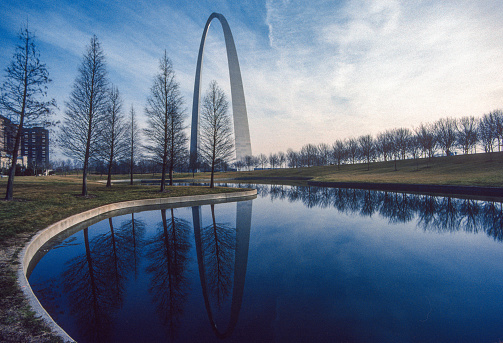 Gateway Arch NP - Arch & Trees Reflection 1992. Scanned from Kodachrome 64 slide.
