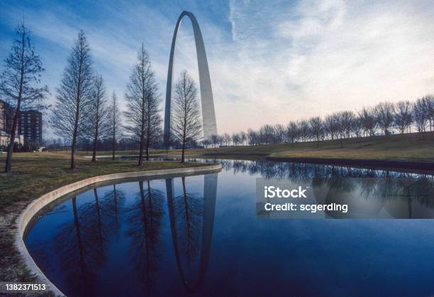 Gateway Arch Np Arch Trees Reflection 1992 Stock Photo - Download Image Now - National Park, Gateway Arch - St. Louis, 1992