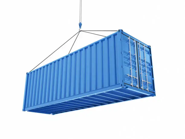 Loading of blue cargo container isolated on white background. 3d render clipping path