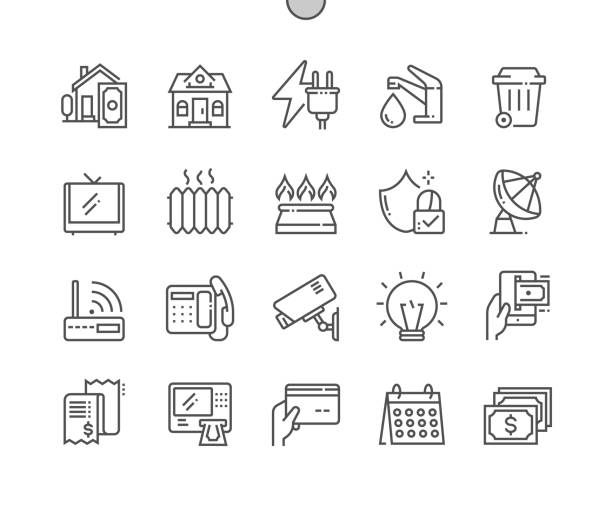 Paying bills. Heating, insurance, security, electricity, water and other. Home accounting. Pixel Perfect Vector Thin Line Icons. Simple Minimal Pictogram Paying bills. Heating, insurance, security, electricity, water and other. Home accounting. Pixel Perfect Vector Thin Line Icons. Simple Minimal Pictogram beak stock illustrations