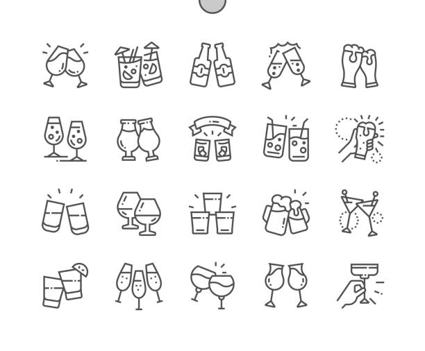Cheers. Party and celebration. Beverage in glass. Pixel Perfect Vector Thin Line Icons. Simple Minimal Pictogram Cheers. Party and celebration. Beverage in glass. Pixel Perfect Vector Thin Line Icons. Simple Minimal Pictogram celebratory-toast stock illustrations