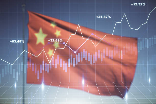 istock Multi exposure of virtual abstract financial graph interface on Chinese flag and sunset sky background, financial and trading concept 1382372642