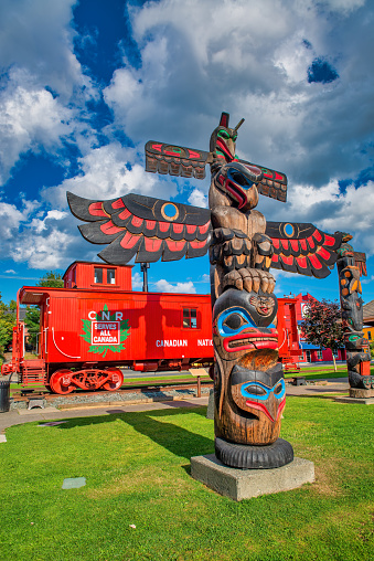 Vancouver Island, Canada - August 13, 2017: Canadian Aboriginal Totem Poles in the Town of Duncan