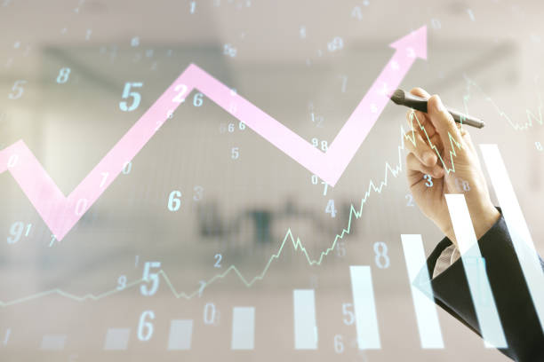 istock Multi exposure of businessman hand with pen working with virtual abstract financial graph and upward arrow on blurred office background, forex and investment concept 1382372707