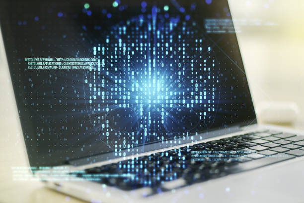 istock Creative concept of code skull illustration on modern laptop background. Hacking and phishing concept. Multiexposure 1382372727