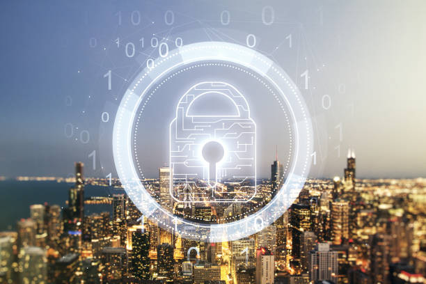 istock Virtual creative lock symbol and microcircuit illustration on Chicago skyline background. Protection and firewall concept. Multiexposure 1382372743