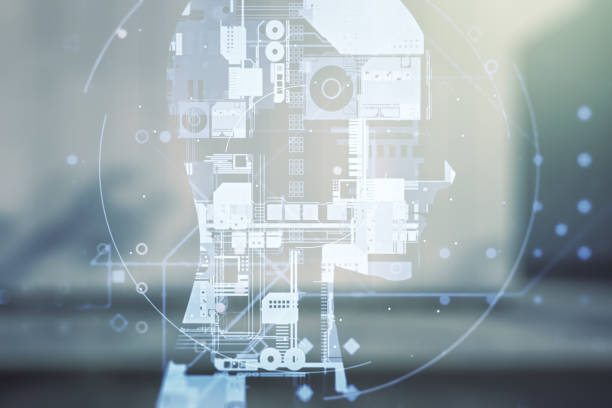 istock Double exposure of creative artificial Intelligence hologram on modern business center exterior background. Neural networks and machine learning concept 1382372829