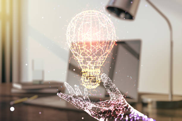 istock Creative idea concept with light bulb illustration on modern laptop background. Multiexposure 1382372845