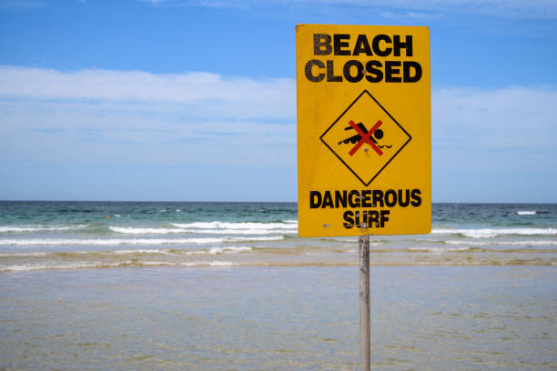 istock Yellow warning sign on a beach 1382374263