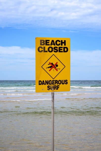 istock Yellow warning sign on a beach 1382374266