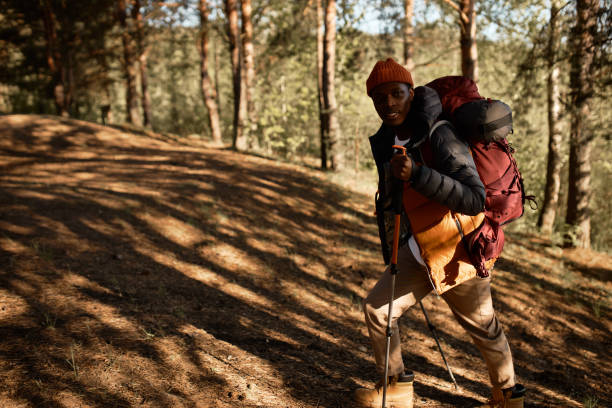 istock Afro american guy climbing on hill using nordic walking, train on fresh air. Sunset rays fall on trees, autumn holiday in nature. Adventure time, travelling, escape from city life concept. Copy space 1382374815