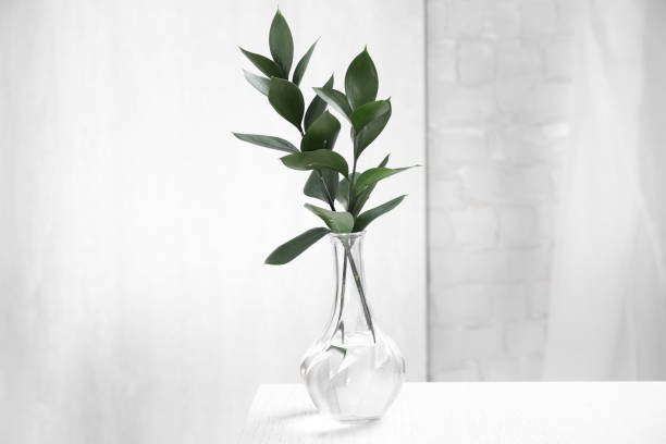 istock Glass vase with green branches on white table indoors 1382376293