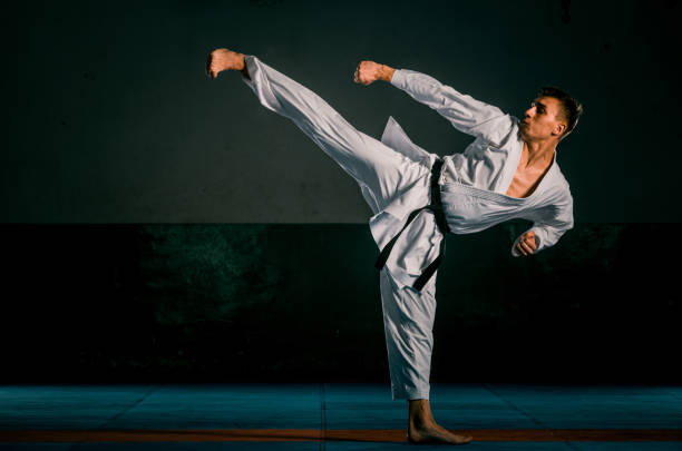 Martial artist kicking a training mannequin.