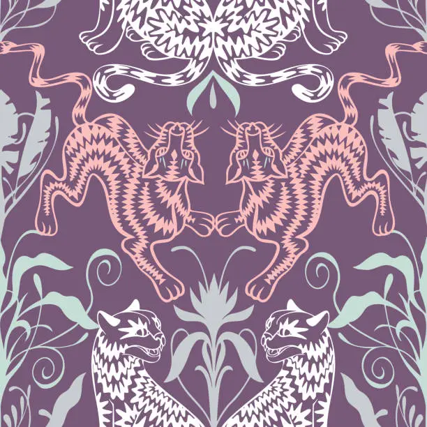 Vector illustration of Seamless symmetric geometric pattern. Kaleidoscope style. Mirror reflection. Silhouettes of cheetah, leopard, panther, gepard, wild cat. Art nouveau, rococo, baroque style. Good for wallpaper, textile