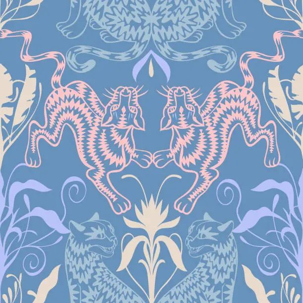 Vector illustration of Seamless symmetric geometric pattern. Kaleidoscope style. Mirror reflection. Silhouettes of cheetah, leopard, panther, gepard, wild cat. Art nouveau, rococo, baroque style. Good for wallpaper, textile