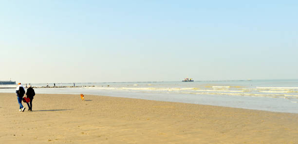 Blankenberge, West Flanders, Belgium - March 04, 2022: every spring the dredger is there to dredge out the sand washed into the marina. People walking on the sand