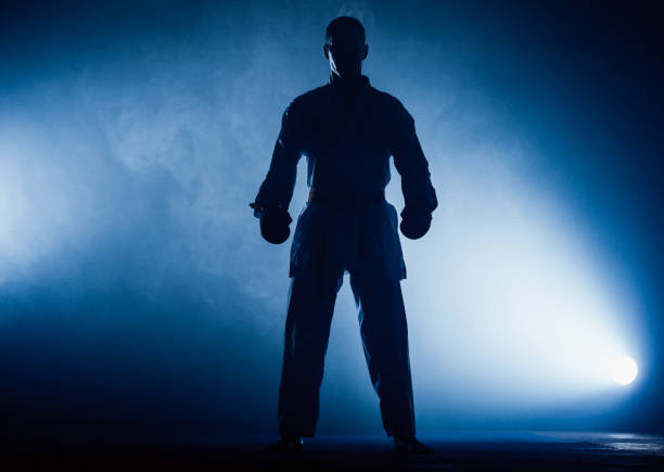 istock The karate guy in white kimono and black belt training karate 1382383777