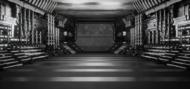istock Futuristic Industrial Parking Underground Car Warehouse Garage Studio Rough Modern Reflective Spaceship Tunnel Corridor Showcase Avant Garde Gray Alien Concept Used As Background 3D Rendering 1382384643