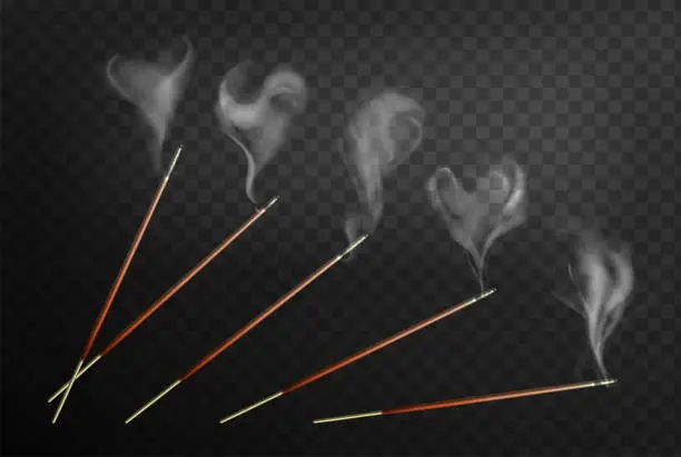 Vector illustration of Realistic joss incense burning sticks with steam smoke