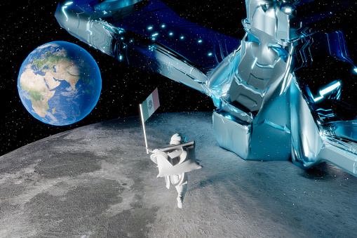 Astronaut pilot woman in science fiction mission on the moon holds the flag of Mexico in her hand while the planet earth is displayed in the background of the scene next to the spaceship; The earth texture was downloaded from the following link: https://www.solarsystemscope.com/textures/download/8k_earth_daymap.jpg\n\nThe moon  texture was downloaded from the following link: \nhttps://www.solarsystemscope.com/textures/download/8k_moon.jpg\n\n\nSubsequently, the scene was made in the free 3D software Blender, and the image edition was manipulated in Adobe Phothosop.