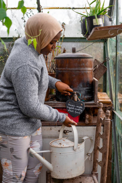 alimento casero para plantas en una granja comunitaria - green thumb refrán en inglés fotografías e imágenes de stock