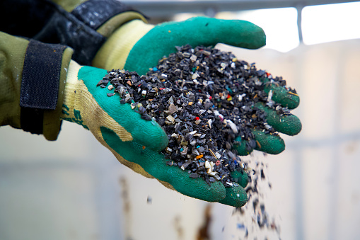 Plastic granulate in a plastic recycling factory