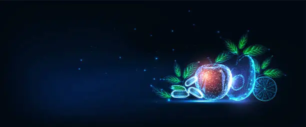 Vector illustration of Futuristic fruits and vegetables banner with glowing low polygonal isolated on dark blue background.