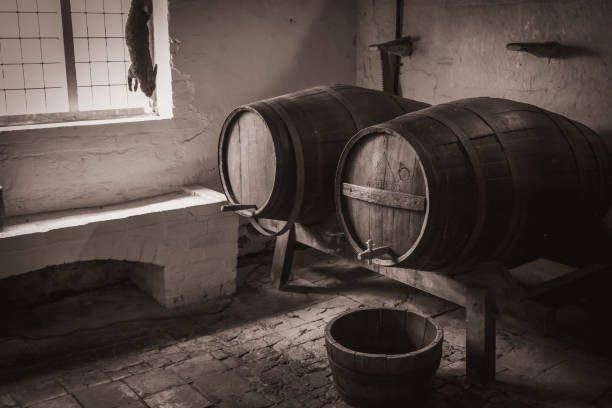 A pair of wooden barrels in a brew house stock photo