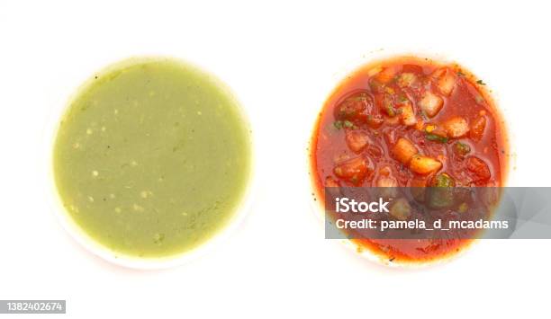 Two Types Of Salsa Both Green And Red Isolated On A White Background Stock Photo - Download Image Now