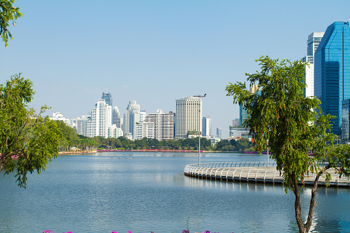 View over lake of Benjakitti Park  in Bangkok. View from south to north, in background is modern skyline