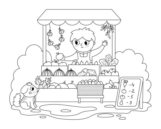 Vector black and white farmer selling fruit and vegetables in a street stall icon. Cute outline farm market scene. Rural country vendor. Funny farm cartoon salesman illustration or coloring page Vector black and white farmer selling fruit and vegetables in a street stall icon. Cute outline farm market scene. Rural country vendor. Funny farm cartoon salesman illustration or coloring page vegetable stand stock illustrations