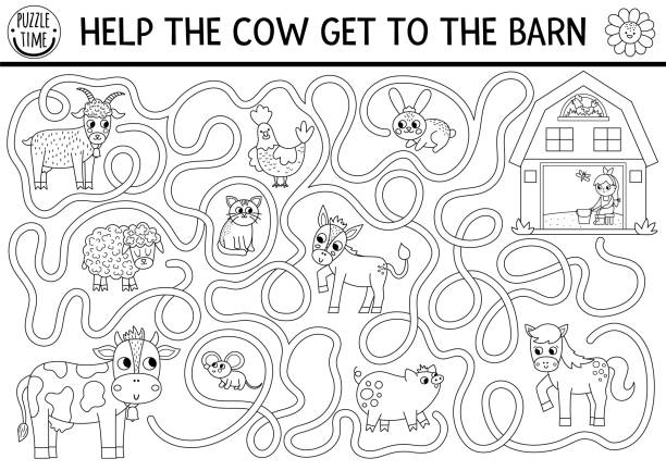 illustrations, cliparts, dessins animés et icônes de labyrinthe de ferme noir et blanc pour les enfants avec des animaux et un hangar de chalet. activité préscolaire imprimable en bordure de campagne avec une chèvre mignonne, un cochon, un cheval, un mouton. coloriage labyrinthe. aider la vache à se rend - chevreau