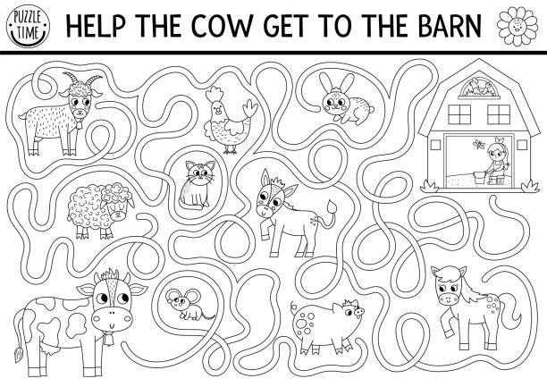 Black and white farm maze for kids with animals and cottage shed. Country side line preschool printable activity with cute goat, pig, horse, sheep. Labyrinth coloring page. Help the cow get to barn Black and white farm maze for kids with animals and cottage shed. Country side line preschool printable activity with cute goat, pig, horse, sheep. Labyrinth coloring page. Help the cow get to barn kid goat stock illustrations