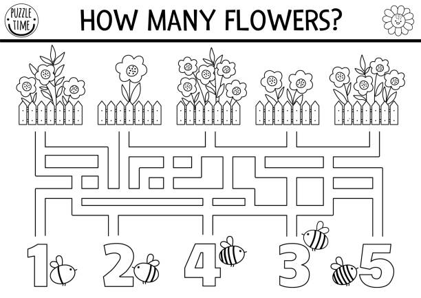 Black and white farm or garden maze for kids with flowerbeds, bees, fence. Countryside line preschool printable counting activity. Labyrinth coloring game or math puzzle with cute flowers Black and white farm or garden maze for kids with flowerbeds, bees, fence. Countryside line preschool printable counting activity. Labyrinth coloring game or math puzzle with cute flowers sheet stock illustrations