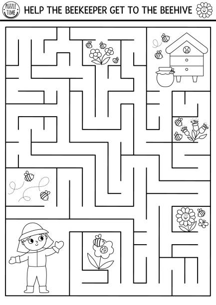 Black and white farm maze for kids with beekeeper and beehive. Country side line preschool printable activity with cute bees, flowers, honey jar. Geometric labyrinth coloring game or puzzle Black and white farm maze for kids with beekeeper and beehive. Country side line preschool printable activity with cute bees, flowers, honey jar. Geometric labyrinth coloring game or puzzle farm cartoon animal child stock illustrations